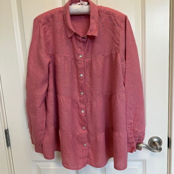 J.Jill 100% L Large Linen Tiered Seam Button Up Shirt Blouse Top Dusty Pink - Picture 1 of 16
